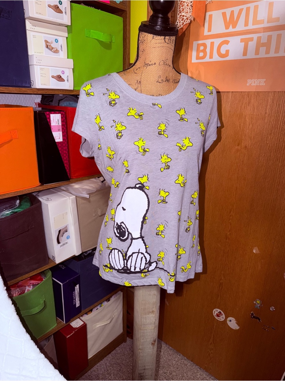 Peanuts Gray Tee with Yellow Woodstock & Snoopy Graphic